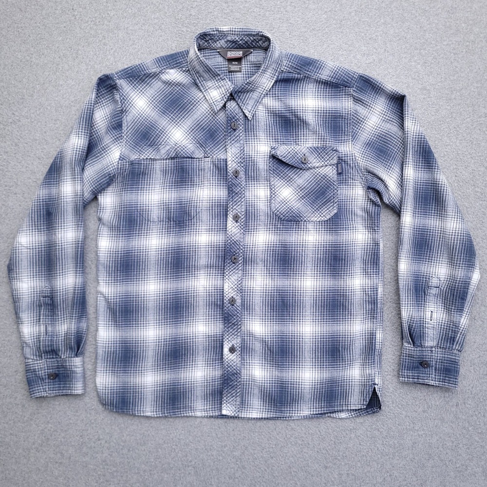 Outdoor Research Flannel Shirt Mens Medium Feedback Blue Plaid Hiking Button Up